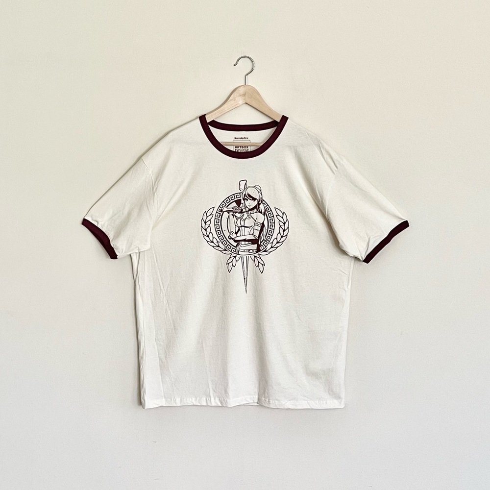NEW Rooster Teeth RWBY Pyrrha Graphic Cream Burgundy Ringer T Shirt Adult XXL